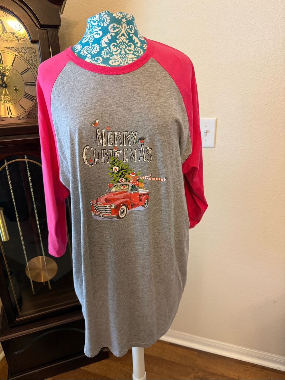 Grey & Pink Merry Christmas Raglan Tee with Vintage Red Truck
